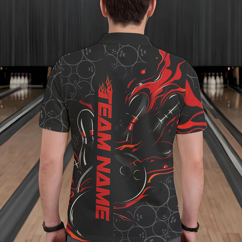 Custom Black And Red Flame Strike Bowling Team Polo Shirts For Men, Strike Bowling Jerseys IPHW8610