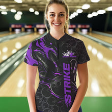 Load image into Gallery viewer, Custom Black And Purple Flame Strike Bowling Team Womens Quarter-Zip Shirt, Bowling Jerseys IPHW8612