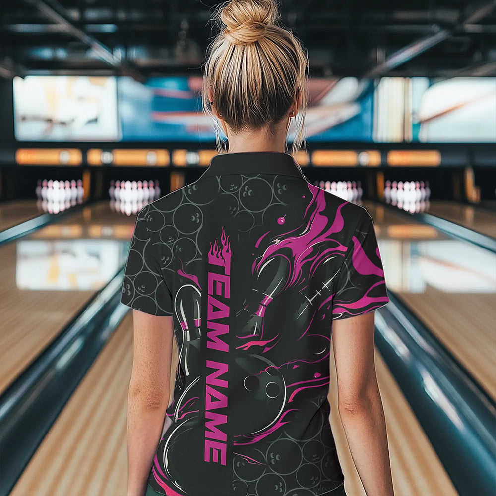 Custom Black And Pink Flame Strike Bowling Team Womens Quarter-Zip Shirt, Bowling Jerseys IPHW8613