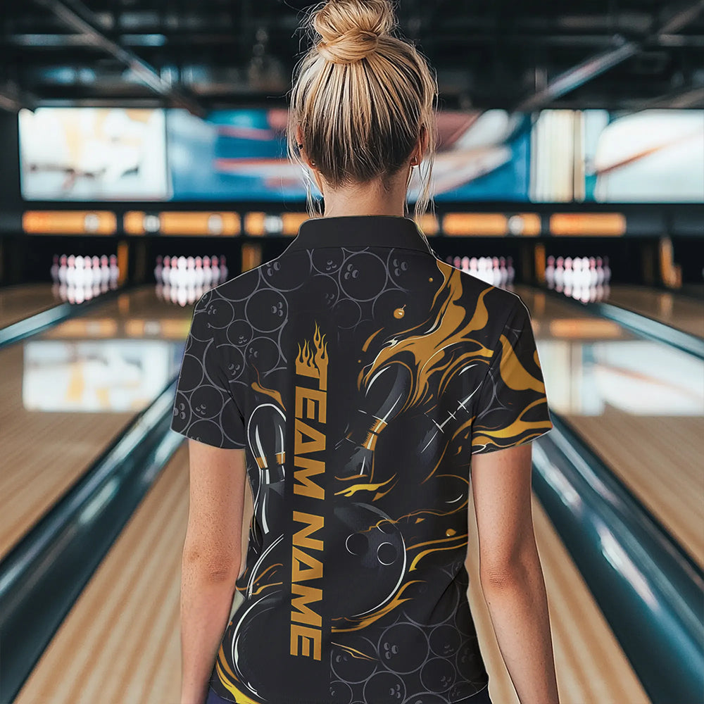 Custom Black And Gold Flame Strike Bowling Team Womens Quarter-Zip Shirt, Bowling Jerseys IPHW8614