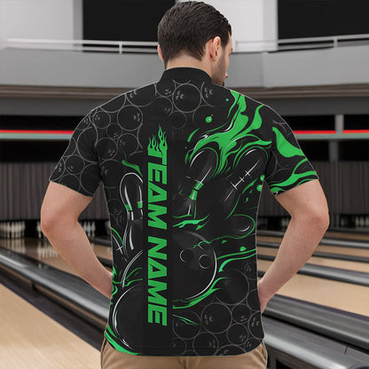 Custom Black And Green Flame Strike Bowling Team Quarter-Zip Shirts For Men, Strike Bowling Jerseys IPHW8615