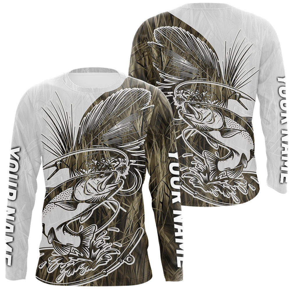 Custom Trout Fly Fishing Camo Long Sleeve Fishing Shirts, Fly Bait Trout Flyfishing Shirt IPHW9139