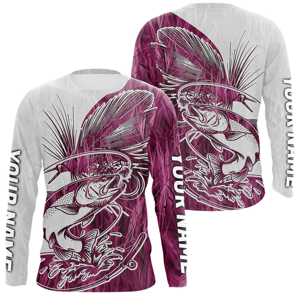 Custom Trout Fly Fishing Pink Camo Long Sleeve Fishing Shirts, Fly Bait Trout Flyfishing Shirt IPHW9140