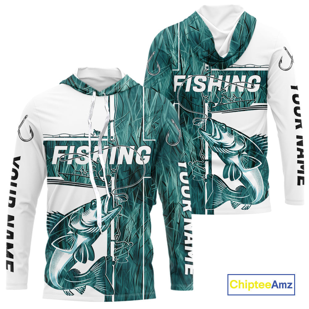 Custom Greenish Blue Grass Camo Cross Faith Walleye Long Sleeve Hooded Tournament Fishing Shirt IPHW9151