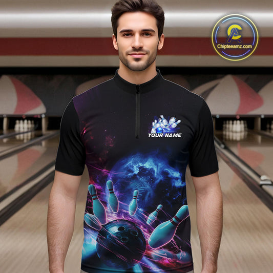 Custom Galaxy Bowling Men Quarter-Zip Shirts, Holographic Bowling Jersey Bowling League Shirt IPHW9499