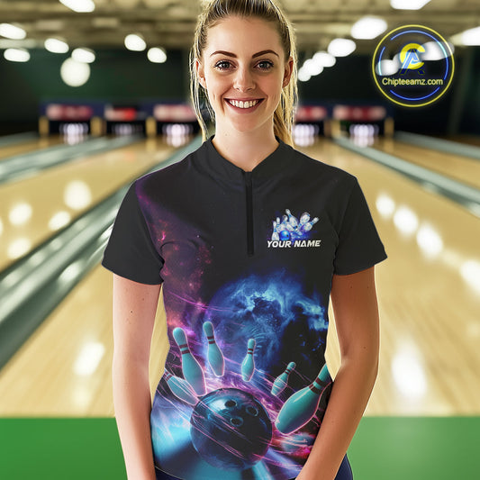 Custom Galaxy Bowling Women Quarter-Zip Shirts, Holographic Bowling League Shirt IPHW9499