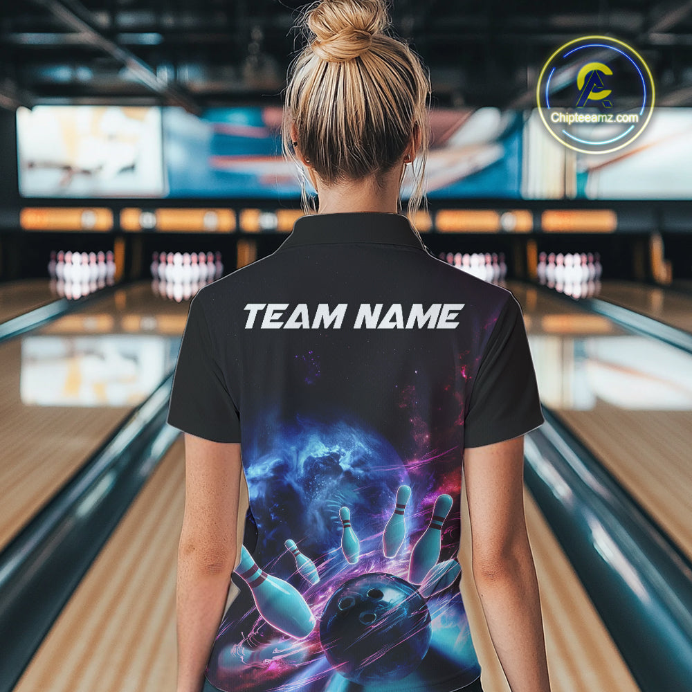 Custom Galaxy Bowling Women Quarter-Zip Shirts, Holographic Bowling League Shirt IPHW9499