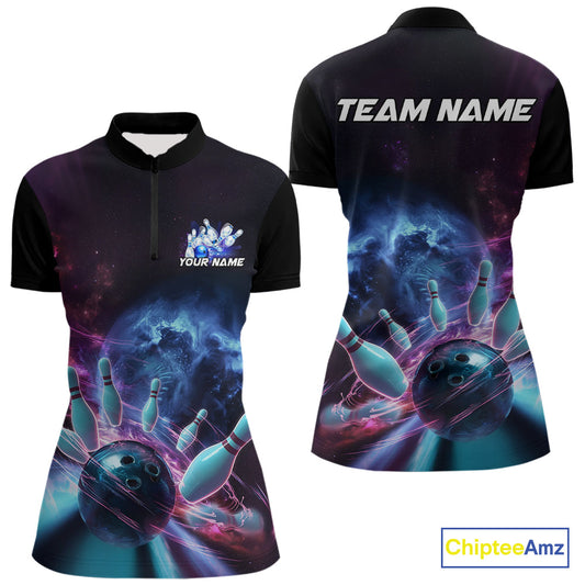 Custom Galaxy Bowling Women Quarter-Zip Shirts, Holographic Bowling League Shirt IPHW9499
