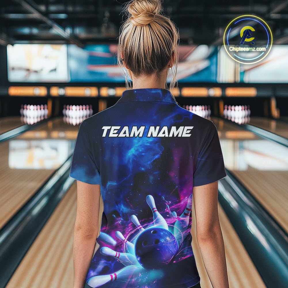 Custom Galaxy Bowling Women Quarter-Zip Shirts, Holographic Bowling League Shirt IPHW9500