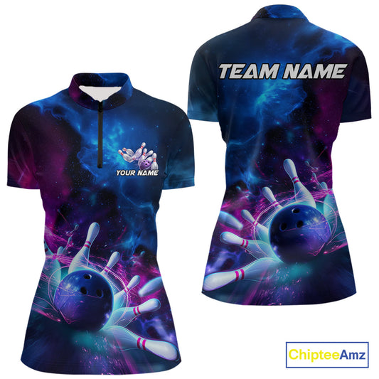 Custom Galaxy Bowling Women Quarter-Zip Shirts, Holographic Bowling League Shirt IPHW9500