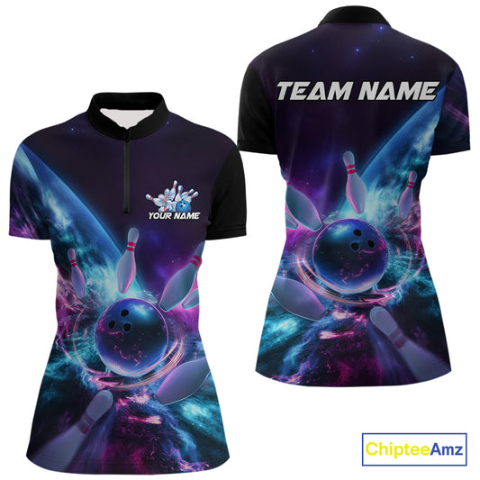 Custom Galaxy Bowling Women Quarter-Zip Shirts, Holographic Bowling League Shirt IPHW9501
