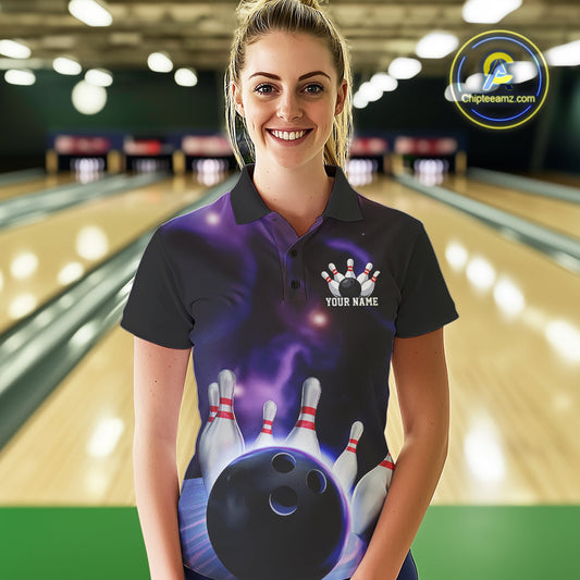 Custom Galaxy Bowling Polo Shirts For Women, Cosmic Bowling Team Jerseys IPHW9503