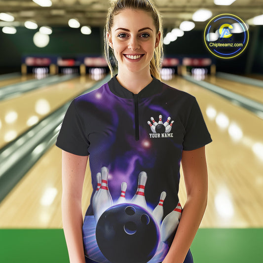 Custom Galaxy Bowling Quarter-Zip Shirts For Women, Cosmic Bowling Team Jerseys IPHW9503