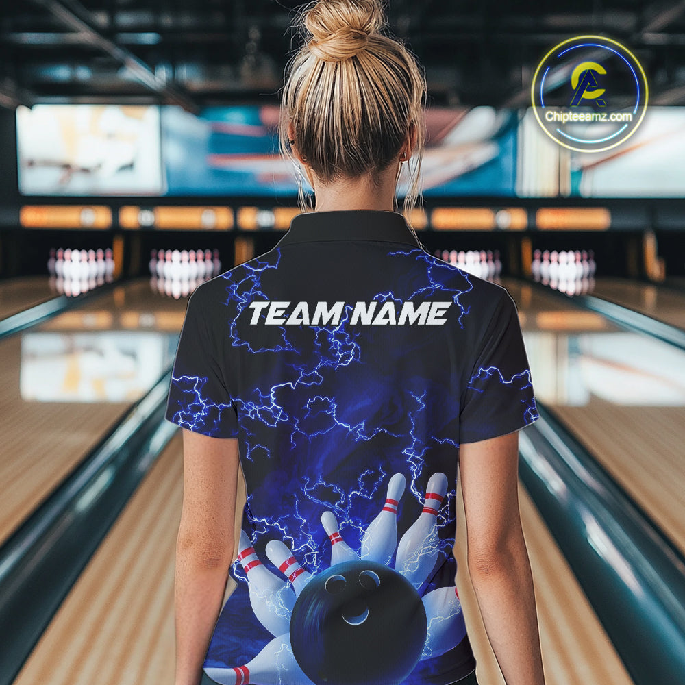Custom Electric Blue Thunder Lightning Women Bowling Quarter-Zip Shirts, Bowling Jerseys IPHW9504