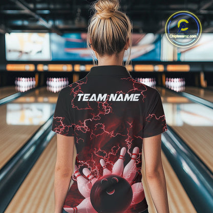 Custom Red Thunder Lightning Women Bowling Quarter-Zip Team Shirts, Bowling Jerseys IPHW9505