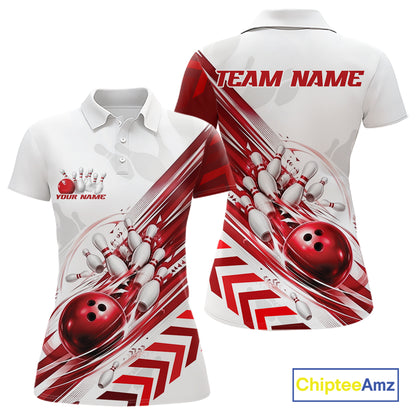 White short-sleeve polo shirt shown from the front and back, featuring a red and white bowling-themed graphic print with bowling balls, pins, and the text 'TEAM NAME' and 'YOUR NAME'.