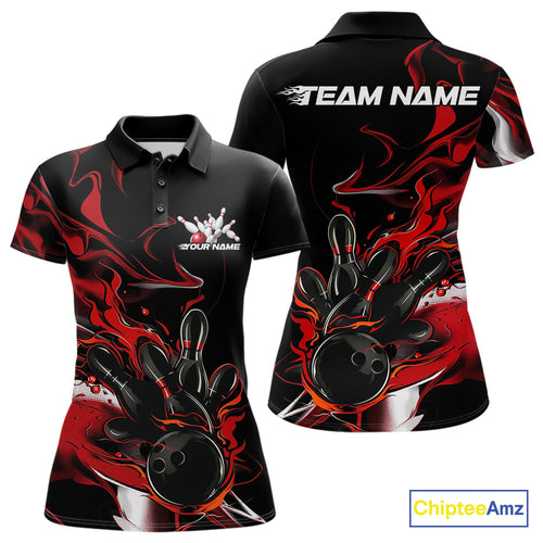 Custom Black And Red Camo Flame Bowling Team Polo Shirts For Women, Bowling Jerseys IPHW9877