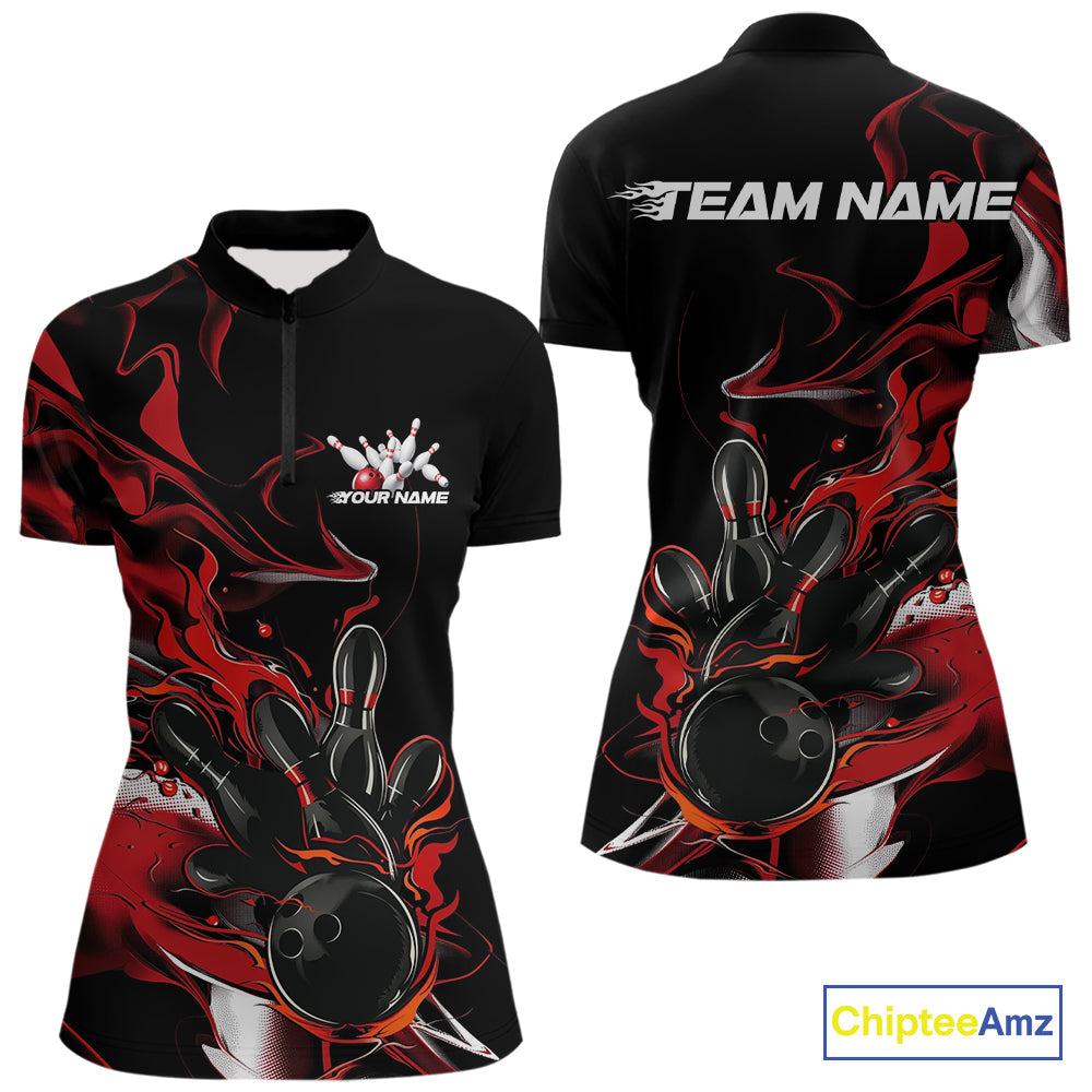 Custom Black And Red Camo Flame Bowling Team Women Quarter-Zip Shirts, Bowling Jerseys IPHW9877