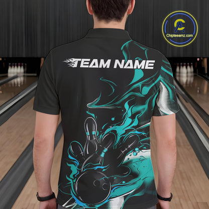 Custom Black And Turquoise Blue Camo Flame Bowling Team Men Polo Shirts, Bowling Jerseys IPHW9878