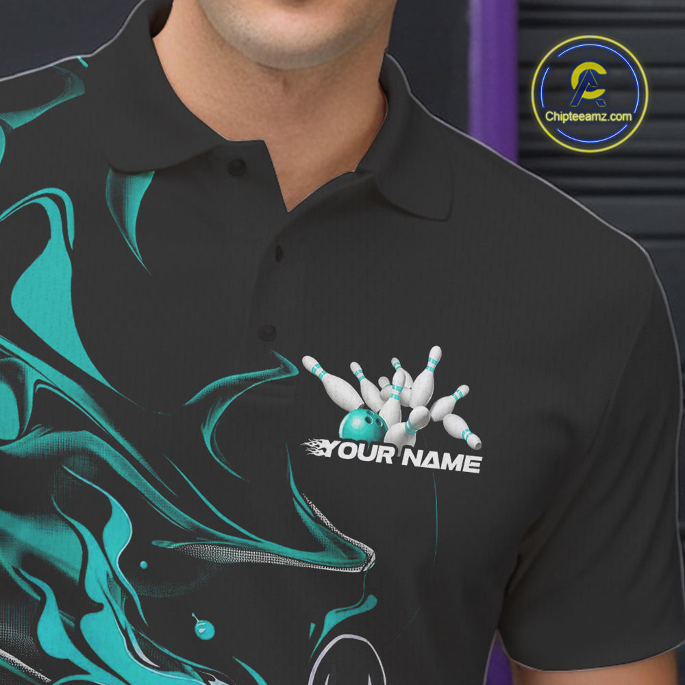 Custom Black And Turquoise Blue Camo Flame Bowling Team Men Polo Shirts, Bowling Jerseys IPHW9878