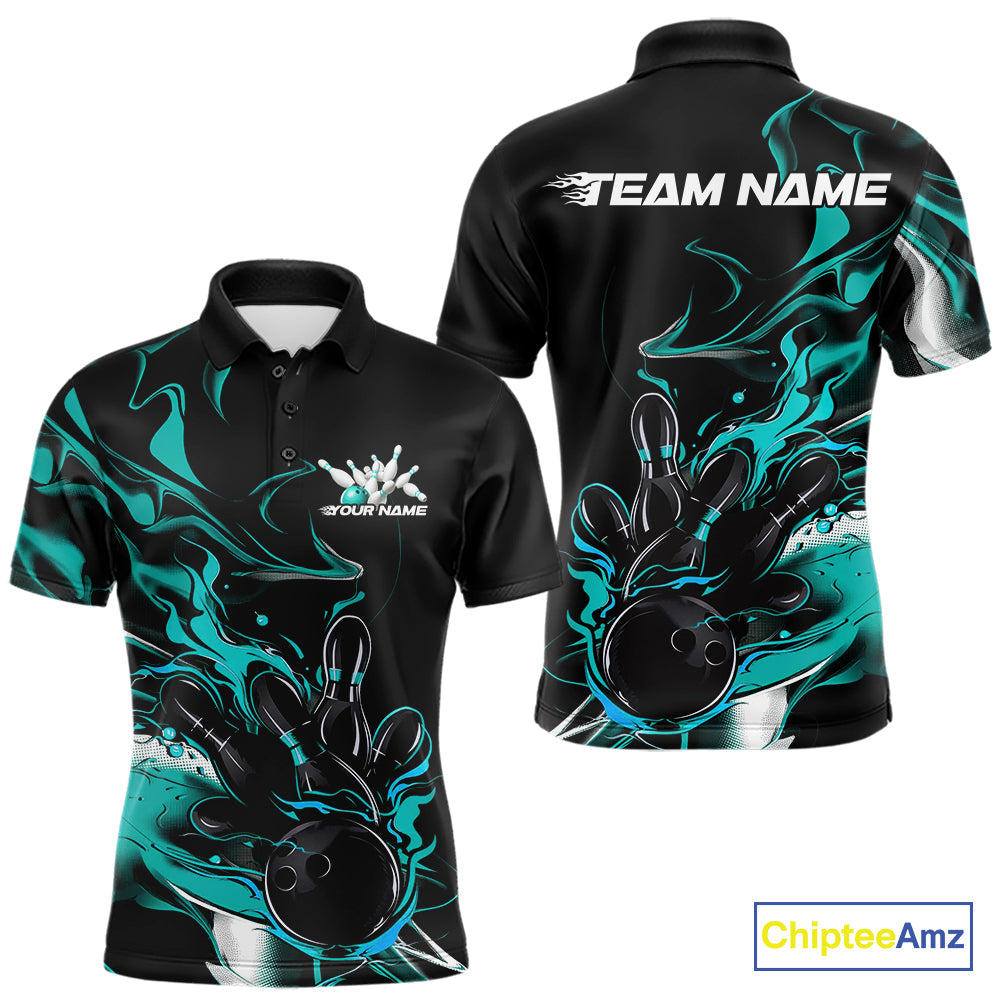 Custom Black And Turquoise Blue Camo Flame Bowling Team Men Polo Shirts, Bowling Jerseys IPHW9878