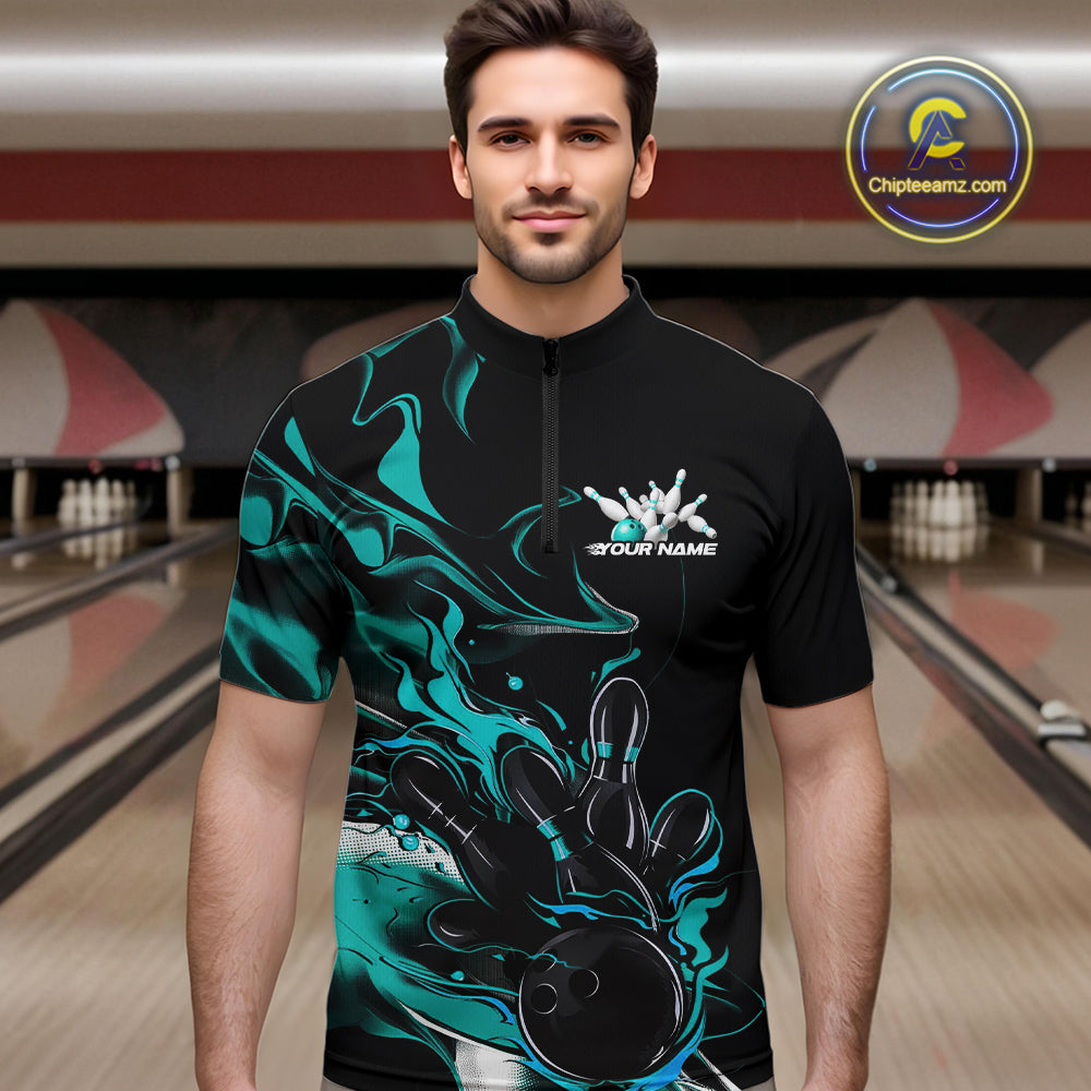 Custom Black And Turquoise Blue Camo Flame Bowling Team Men Quarter-Zip Shirts, Bowling Jerseys IPHW9878