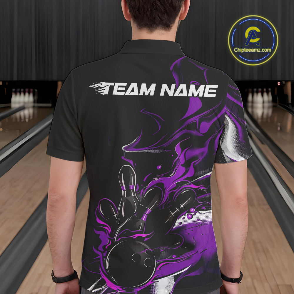 Custom Black And Purple Camo Flame Bowling Team Polo Shirts For Men, Bowling Jerseys IPHW9879