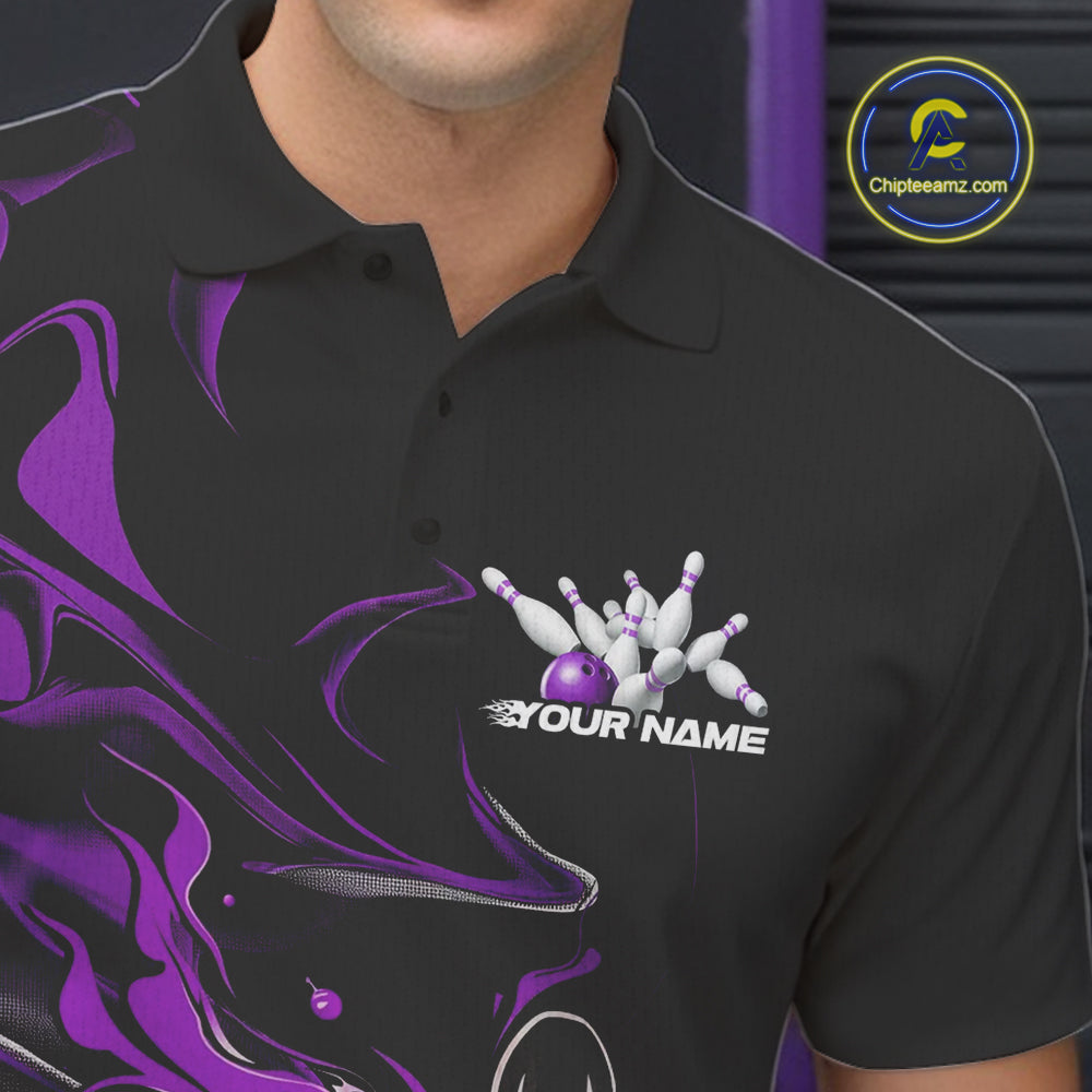 Custom Black And Purple Camo Flame Bowling Team Polo Shirts For Men, Bowling Jerseys IPHW9879