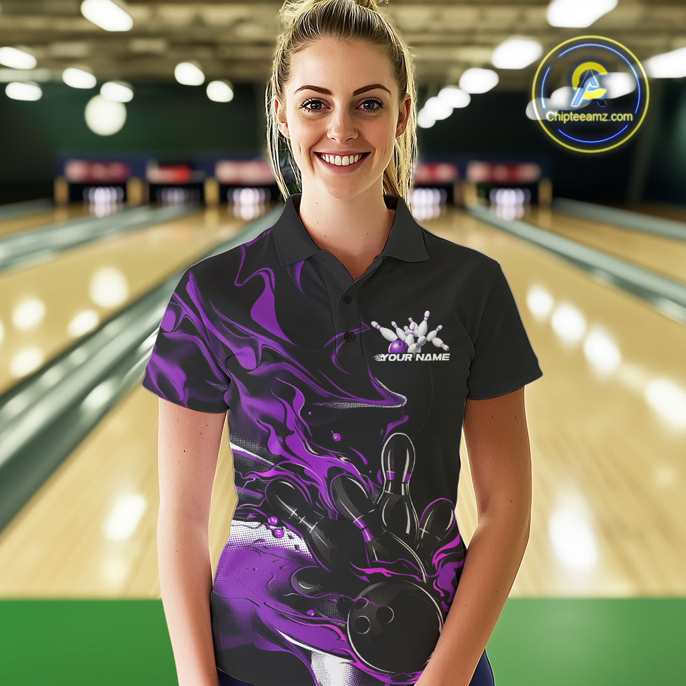 Custom Black And Purple Camo Flame Bowling Team Polo Shirts For Women, Bowling Jerseys IPHW9879