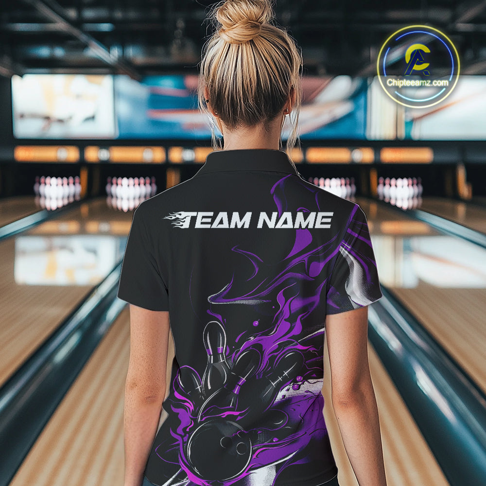 Custom Black And Purple Camo Flame Bowling Team Polo Shirts For Women, Bowling Jerseys IPHW9879