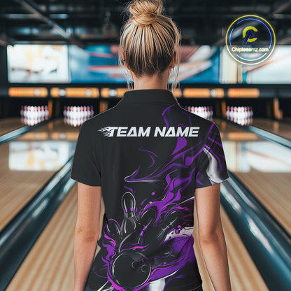 Custom Black And Purple Camo Flame Bowling Team Polo Shirts For Women, Bowling Jerseys IPHW9879