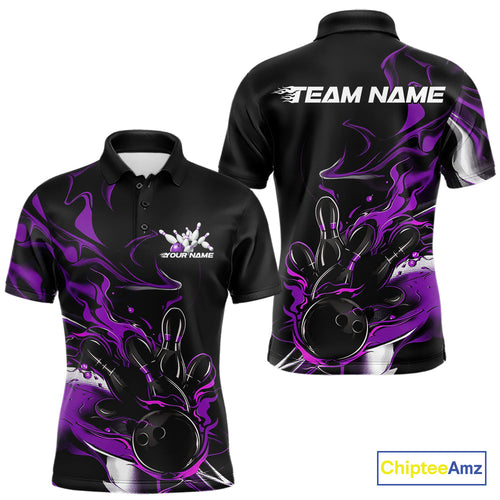 Custom Black And Purple Camo Flame Bowling Team Polo Shirts For Men, Bowling Jerseys IPHW9879