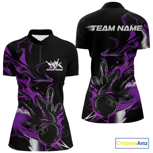 Custom Black And Purple Camo Flame Bowling Team Women Quarter-Zip Shirts, Bowling Jerseys IPHW9879