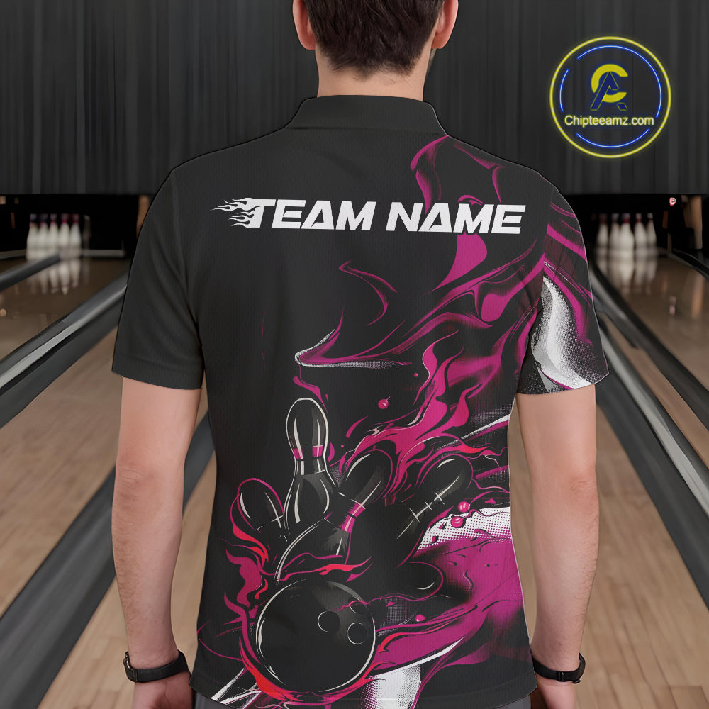 Custom Black And Pink Camo Flame Bowling Team Polo Shirts For Men, Bowling Jerseys IPHW9880