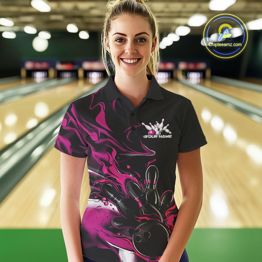 Custom Black And Pink Camo Flame Bowling Team Polo Shirts For Women, Bowling Jerseys IPHW9880