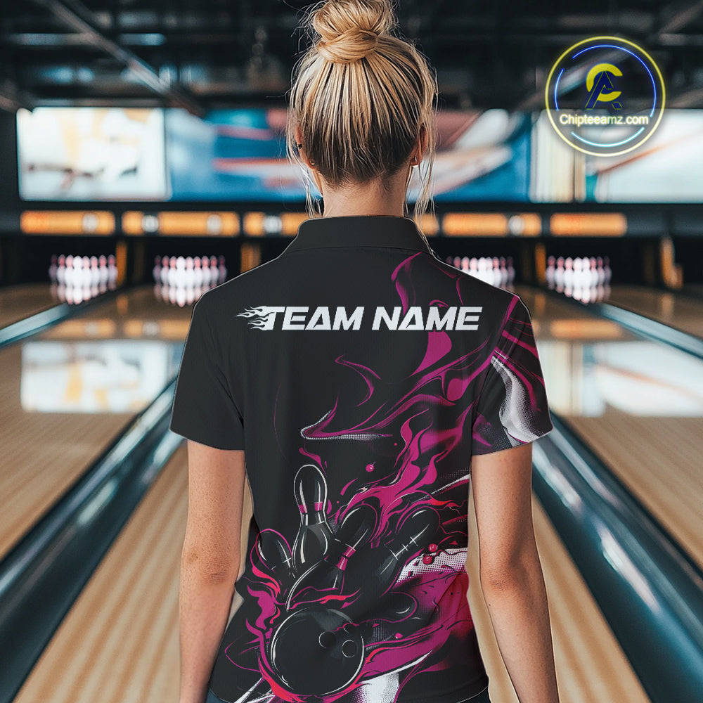 Custom Black And Pink Camo Flame Bowling Team Polo Shirts For Women, Bowling Jerseys IPHW9880