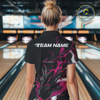 Custom Black And Pink Camo Flame Bowling Team Polo Shirts For Women, Bowling Jerseys IPHW9880