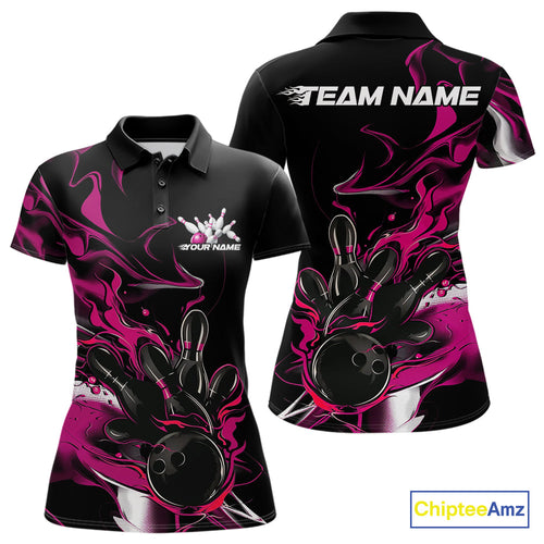 Custom Black And Pink Camo Flame Bowling Team Polo Shirts For Women, Bowling Jerseys IPHW9880