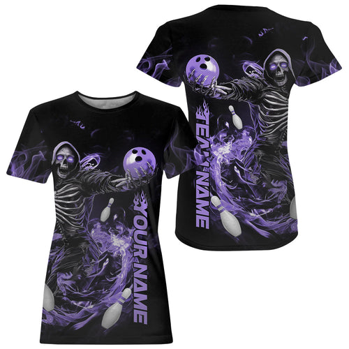 Custom Black And Purple Skeleton Bowling Women T-Shirts Shirt, Skull Bowling Tournament IPHW8412