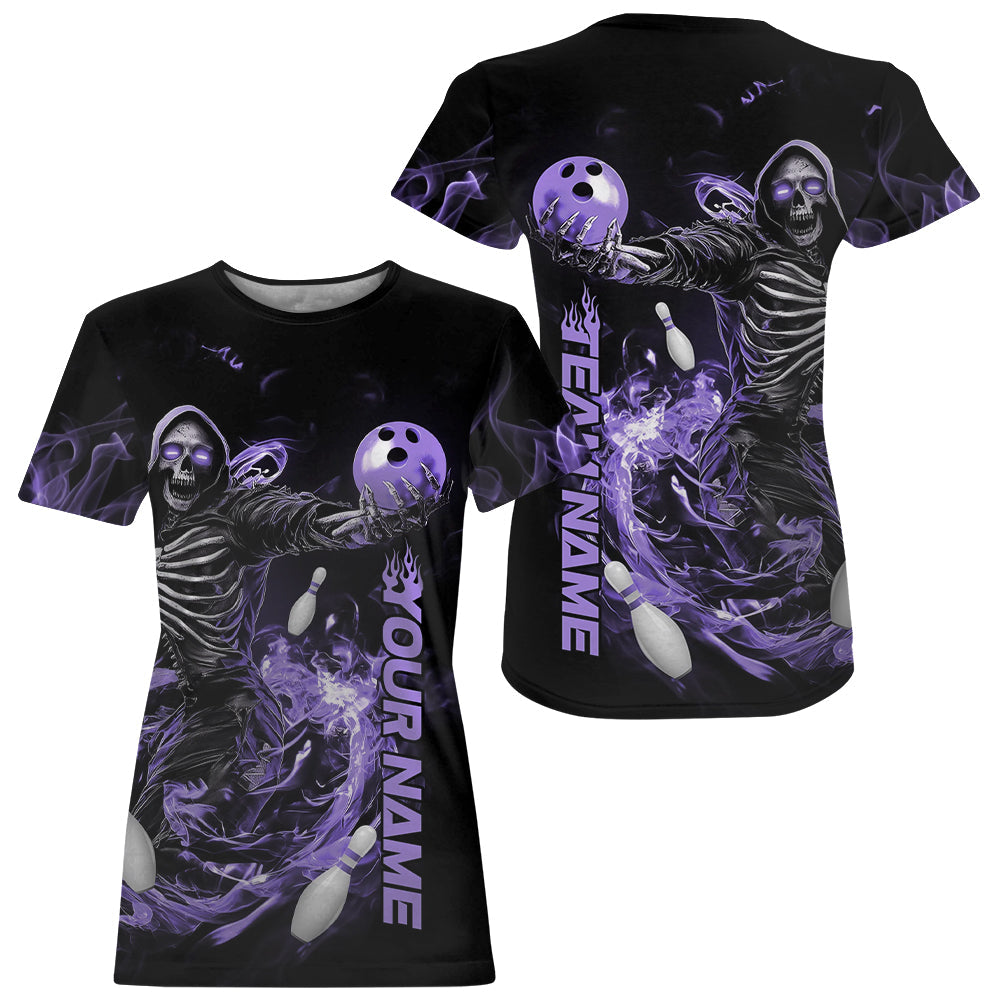 Custom Black And Purple Skeleton Bowling Women T-Shirts Shirt, Skull Bowling Tournament IPHW8412