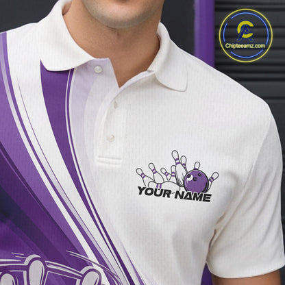 Close-up of the left chest area of a white and purple bowling polo shirt, featuring a dynamic bowling strike curved motion design.
