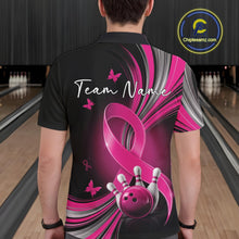 Load image into Gallery viewer, Back view of a male model wearing a black and pink bowling polo with breast cancer awareness ribbons, small butterflies, and bowling graphics