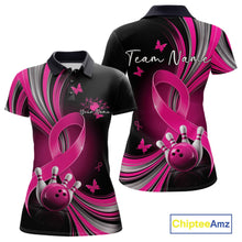 Load image into Gallery viewer, Front and back mockup of a women's black and pink bowling polo featuring breast cancer awareness ribbons, small butterflies, and bowling artwork
