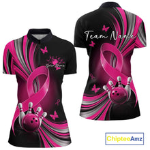 Load image into Gallery viewer, Front and back mockup of a women's black and pink bowling quarter zip featuring breast cancer awareness ribbons, small butterflies, and bowling graphics