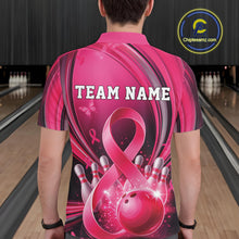 Load image into Gallery viewer, Back view of a male model in a pink and black bowling polo with breast cancer awareness ribbon artwork and bowling graphics