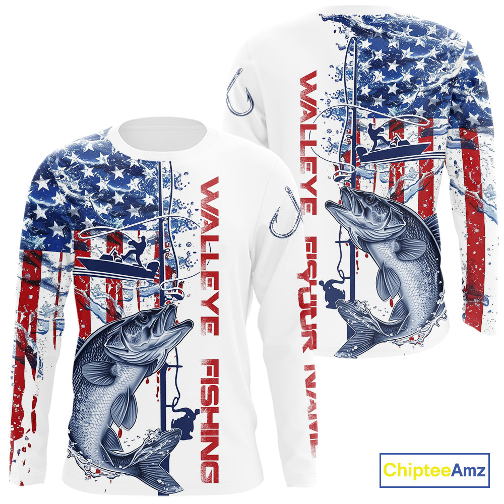 Custom Patriotic Walleye Long Sleeve Fishing Shirts, Watercolor US Flag Fishing Jersey IPHW9162