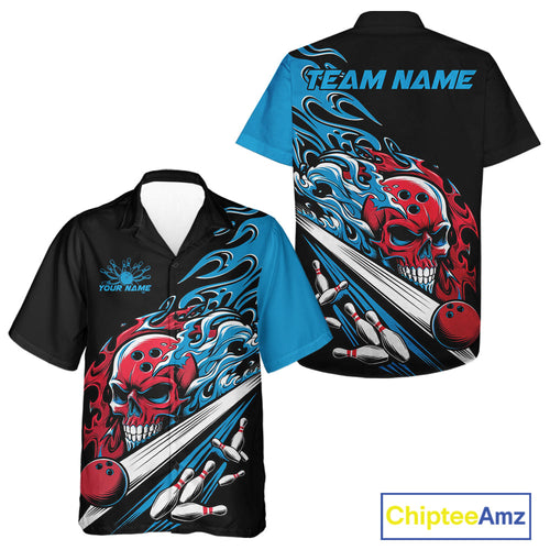 Custom Blue And Red Flame Skull Bowling Hawaiian Shirt For Men And Women, Halloween Bowling Jersey IPHW9888
