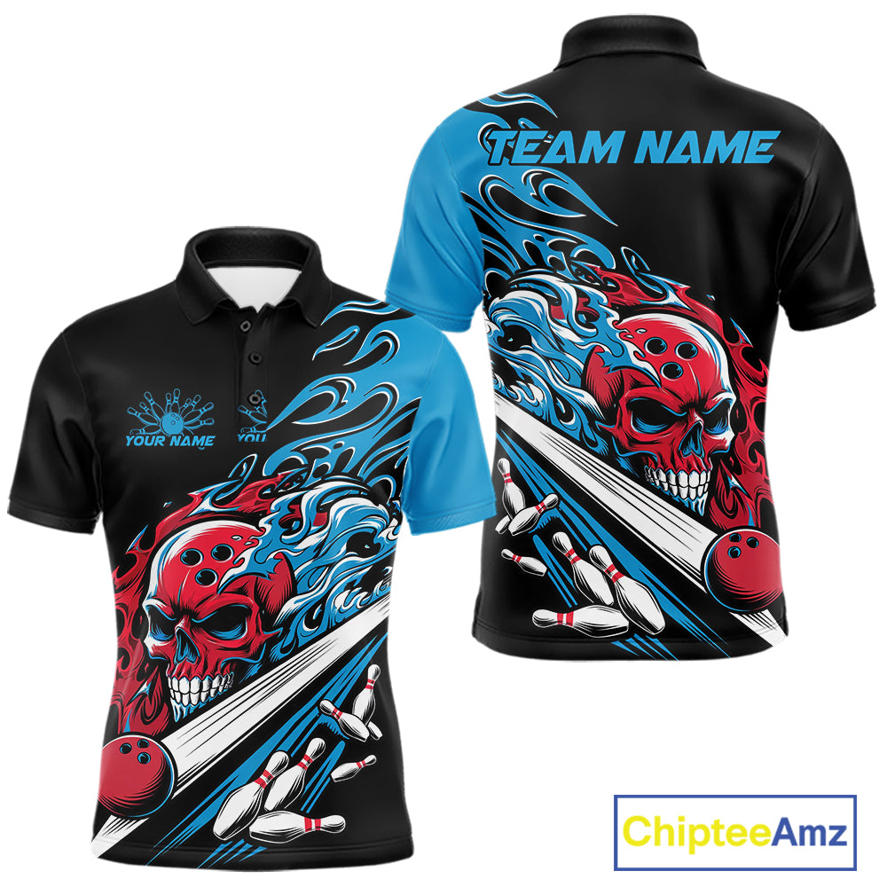 Custom Blue And Red Flame Skull Bowling Polo Shirt For Men, Halloween Bowling Jersey IPHW9888