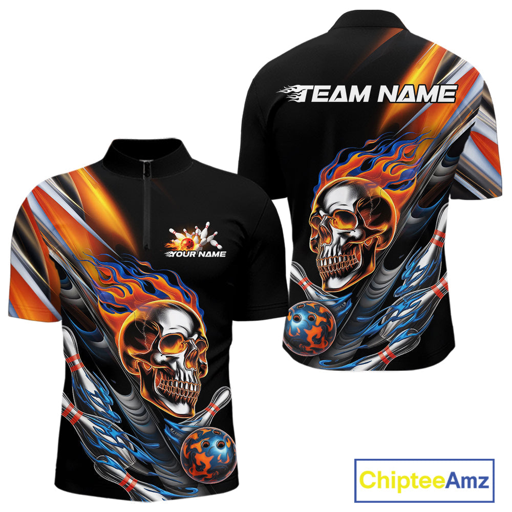 Custom Fire Flame Metal Skull Bowling Men Quarter-Zip Shirt, Halloween Bowler Outfits IPHW9891