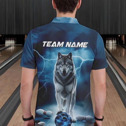 Blue Thunder Lightning Custom Wolf Bowling Polo Shirts For Men, Wolf Bowling Team Shirt IPHW8424